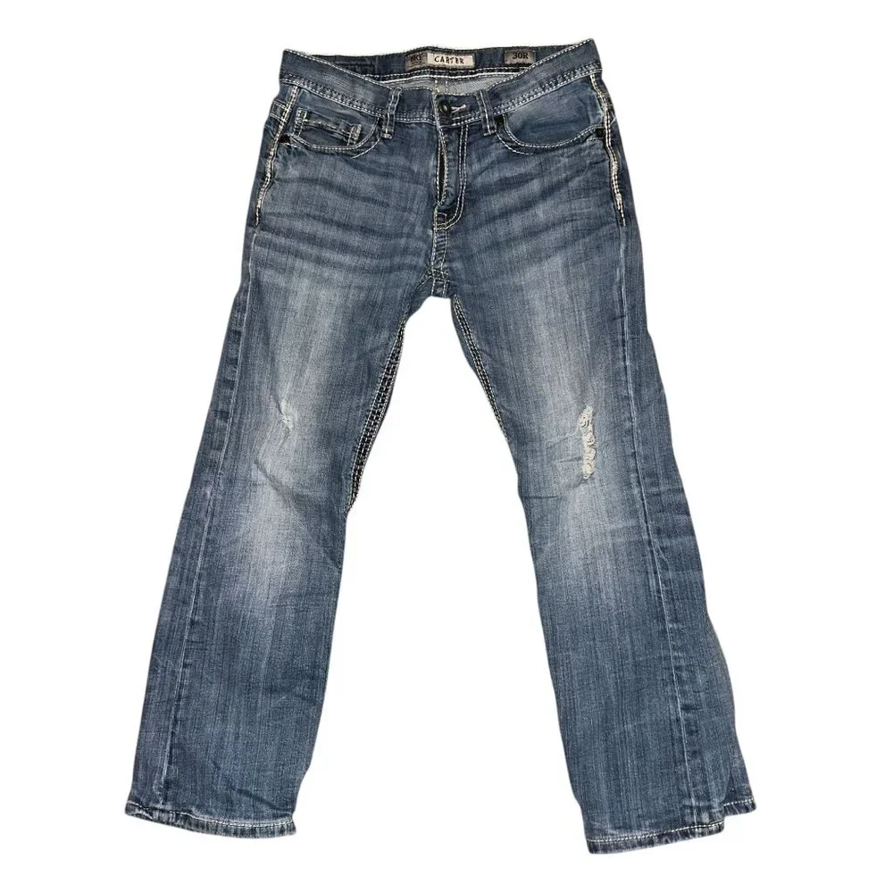 BKE Carter Straight Leg Jeans Mens 30 27 Light Wash Well Worn Grunge Embroidered